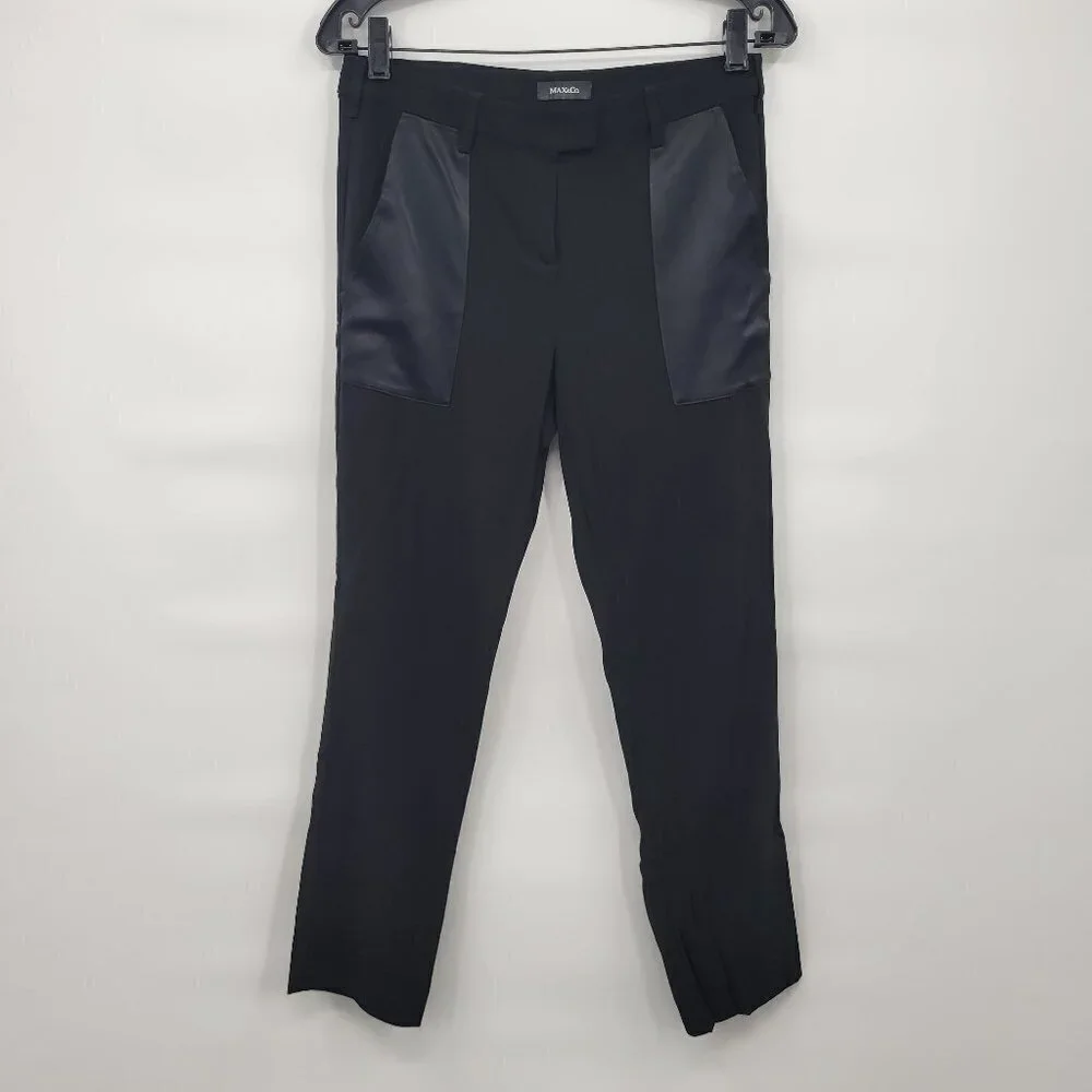 Max & Co Women Black Long Trousers Mid Rise Leather Contrast Skinny Pants Size 4